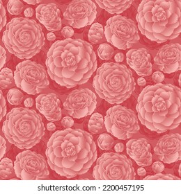 Vector seamless pattern of pink camellia,blooming flowers of various sizes,botanical texture,floral background drawn on pink.Blossom,Colorful flowers,Beautiful patterns of nature.