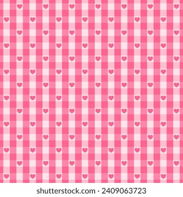 Vector seamless pattern with pink checkerboard and hearts, Valentine day texture