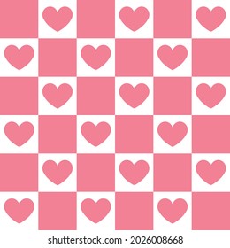 Vector seamless pattern of pink chess board checkered texture and hearts isolated on white background