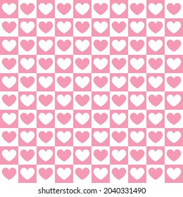 Vector seamless pattern of pink chess board checkered texture and hearts isolated on white background