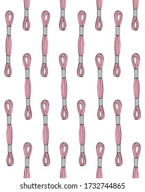 Vector Seamless Pattern Of Pink Colored Hand Drawn Sketch Doodle Embroidery Floss Threads Isolated On White Background