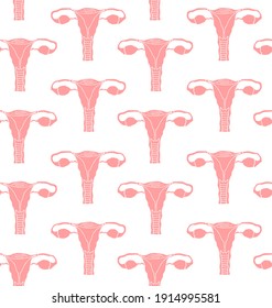 Vector seamless pattern of pink colored hand drawn doodle sketch uterus isolated on white background