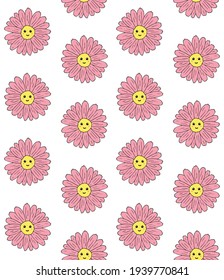 Vector seamless pattern of pink colored hand drawn doodle sketch daisy flower with face isolated on white background
