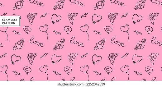 Vektornahtloses Muster in rosafarbenen Farben mit Herz, Blumen, Ballons für Design, Hintergründe, Umhüllungspapier, Karten und Deckel