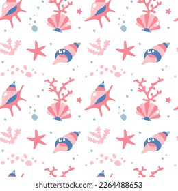 Vector seamless pattern in pink colors. Seashells, bubbles, reefs and stars. Underwater composition for baby fabric