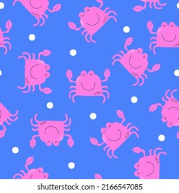 Vector seamless pattern with pink crabs on blue background. Funny crab. Cute children drawing. Flat cartoon illustration