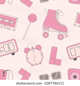 Vector seamless pattern with pink cute retro roller skates, sweet, watch, retro alarm.
