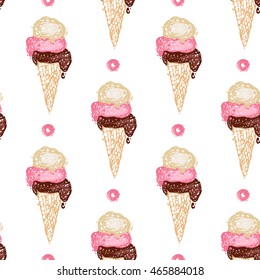 Vector seamless pattern with pink donut and cone ice cream. Beautiful background for party, greeting paper card or banner. Hand drawn fashion sketch style. Objects on white backdrop.