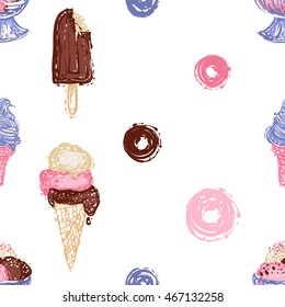 Vector seamless pattern with pink donut, bowl sundae dessert, chocolate ice cream on stick. Beautiful background for party, greeting paper card or banner. Hand drawn fashion sketch style.