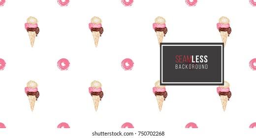 Vector seamless pattern with pink donut and cone ice cream. Beautiful background for party, greeting paper card or banner. Hand drawn fashion sketch style. Objects on white backdrop.