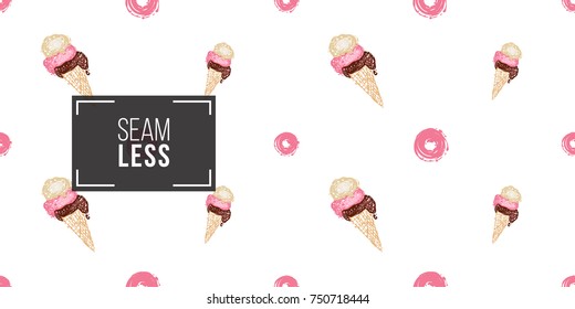 Vector seamless pattern with pink donut and cone ice cream. Beautiful background for party, greeting paper card or banner. Hand drawn fashion sketch style. Objects on white backdrop.