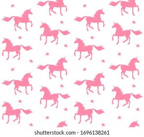 Vector seamless pattern of pink doodle sketch unicorn silhouette isolated on white background
