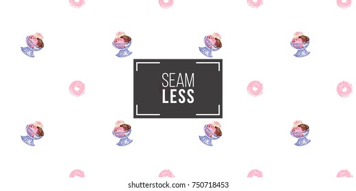 Vector seamless pattern with pink dot and bowl ice cream dessert. Beautiful background for party, greeting paper card or banner. Hand drawn fashion sketch style. Objects on white backdrop.