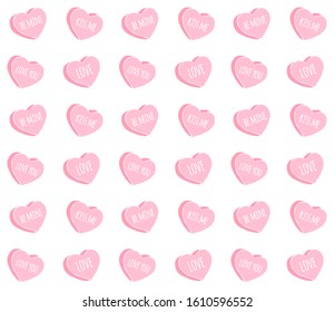 Vector seamless pattern of pink drawn doodle sketch valentine candy hearts with love text isolated on white background