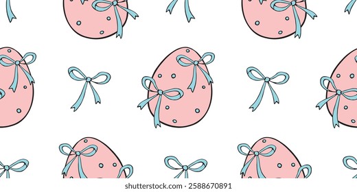 Vector seamless pattern with pink Easter eggs and blue bows. Spring hand drawn doodle, holiday background and texture with decorative elements