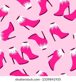 Vector seamless pattern with pink fashionable shoes. Handdrawn texture design.