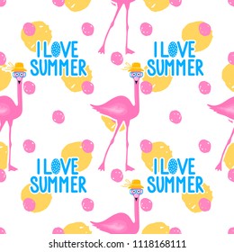 Vector seamless pattern with pink flamingo, tropical elements. Exotic background. Colorful summer illustration. Ideal for packaging, wallpaper, wrapping paper, textile, bedding, t-shirt print.