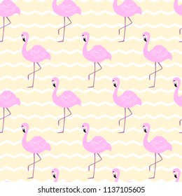 Vector seamless pattern with pink flamingo on zigzag backdrop. For wrapping paper, design poster, banner, print on clothes for boys or girls. Cute tropical background.