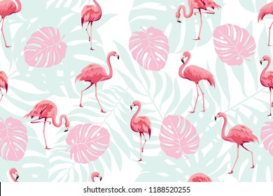 Vector seamless pattern with pink flamingo and tropical palm leaf. Hawaii's exotic landscape is a tropical paradise. Designed for fabrics, textiles, wrapping paper and other decorative items.
