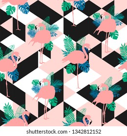 Vector seamless pattern, pink flamingo, exotic birds, tropical flowers, palm leaves, bird of paradise
