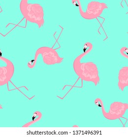 Vector seamless pattern with pink flamingo on mint backdrop. For wrapping paper, design poster, banner, print on clothes for boys or girls. Cute tropical background.