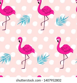 Vector seamless pattern with pink flamingo on polka dot backdrop. For wrapping paper, design poster, banner, print on clothes for boys or girls. Cute tropical background.