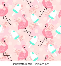 Vector seamless pattern with pink flamingo, ice-cream and tropical leaves. For wrapping paper, design poster, banner, print on clothes for boys or girls. Cute fashion tropical background.