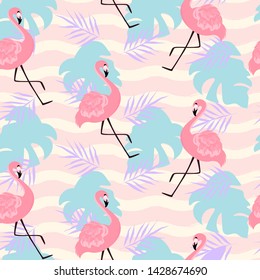 Vector seamless pattern with pink flamingo on polka dot backdrop. For wrapping paper, design poster, banner, print on clothes for boys or girls. Cute tropical background.