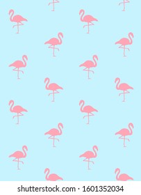 Vector seamless pattern of pink flamingo silhouette isolated on pastel blue background