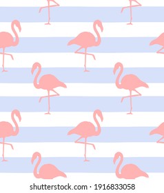 Vector seamless pattern of pink flamingo silhouette isolated on blue strapped white background