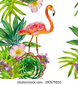 Vector seamless pattern with pink flamingo and exotic tropical plants. Watercolor hand-drawn illustration. Palm tree, succulent, roses, passionflower