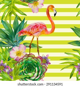 Vector seamless pattern with pink flamingo and exotic tropical plants on a striped background. Watercolor hand-drawn illustration. Palm tree, succulent, roses, passionflower