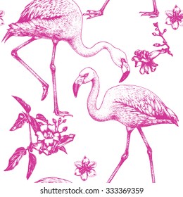 Vector seamless pattern. Pink Flamingo Birds and Flowers on a white background. Ink pen drawing. Line art design, engraving style. Hand drawn picture. Sketch artwork. 