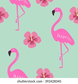 Vector Seamless pattern with pink flamingo