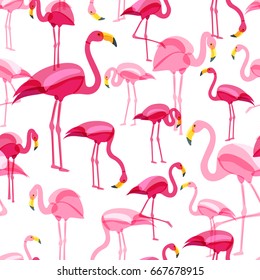 Vector seamless pattern with pink flamingo isolated on white background. Hand drawn doodle illustration. Flamingo birds in various poses. Trendy design for summer fashion textile print.