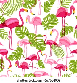 Vector seamless pattern with pink flamingo and green palm tree leaves. Summer tropical background. Trendy design for fabric and textile print.