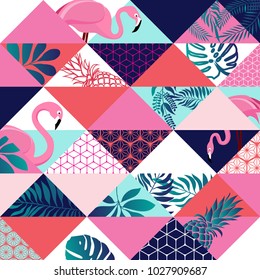 Vector de forma transparente con flamencos rosas y hojas de palma tropicales. Los exóticos antecedentes artísticos de Hawái son de moda tropical. Diseño de tela, textil, papel envolvente y otra decoración.