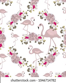 Vector seamless pattern with pink flamingos and flowers. Exotic Hawaii art background is tropical trendy. Design for fabric, textile, wrapping paper and other decoration. Aloha collection