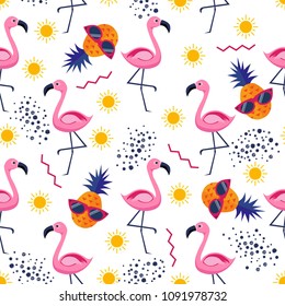 Vector seamless pattern with pink flamingos bird and pineapple. Exotic Hawaii art background is Memphis trendy. Design for fabric, textile, wrapping paper and other decoration.