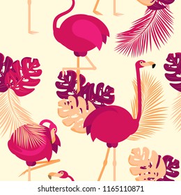 Vector seamless pattern. pink flamingos in different poses in tropical leaves on a beige background.