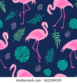 Vector seamless pattern with pink flamingos and tropical palm leaves. Hand Drawn illustration.