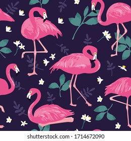 Vector seamless pattern with pink flamingos, tropical palm leaves and flowers. Hand Drawn illustration.