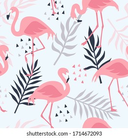 Vector seamless pattern with pink flamingos, tropical palm leaves and flowers. Hand Drawn illustration.