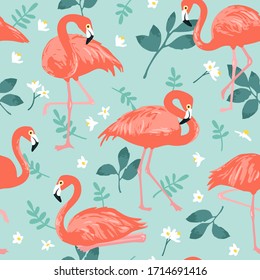 Vector seamless pattern with pink flamingos, tropical palm leaves and flowers. Hand Drawn illustration.