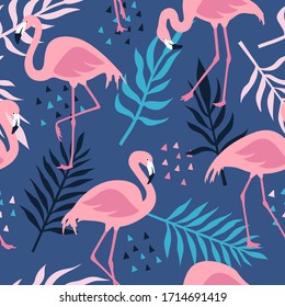 Vector seamless pattern with pink flamingos, tropical palm leaves and flowers. Hand Drawn illustration.