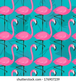 vector seamless pattern with pink flamingos on turquoise background