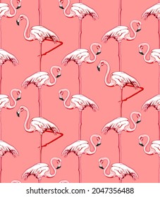 Vector seamless pattern of pink flamingos one over the other on pink background. Hand drawn illustration.