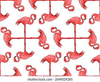 Vector seamless pattern of pink flamingos in the shape of a cross on white  background. Hand drawn illustration.