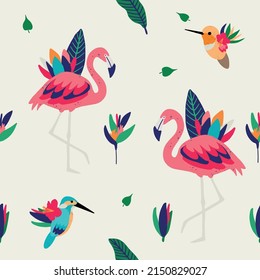 Patrón vectorial sin fisuras con flamencos rosados, aves exóticas y plantas. Diseño de tela, papel pintado, textiles y decoración.