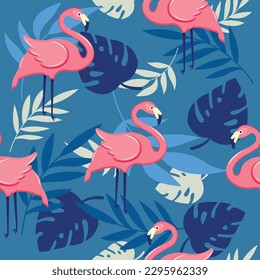 Vector seamless pattern with pink flamingos, tropical palm leaves and flowers. Hand Drawn illustration.
Design element for cards, posters, banners, summer design for print, design for fabric